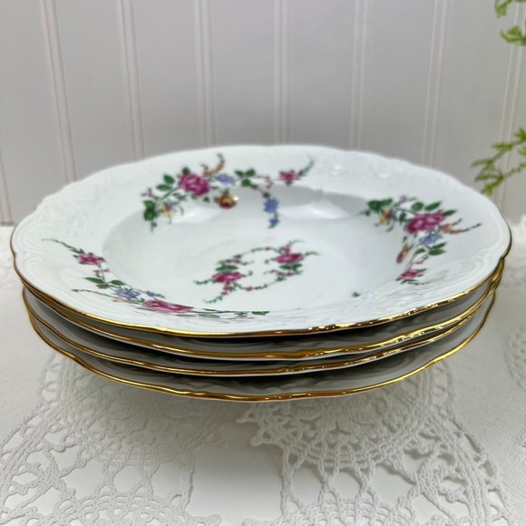 Wawel 4 Rimmed China Soup Bowls Poland Embossed Scalloped White Pink Roses - Picture 3 of 12